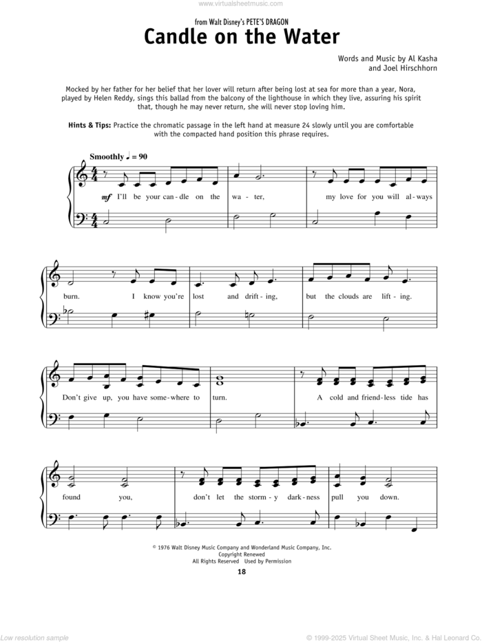 Candle On The Water (from Pete's Dragon) sheet music for piano solo by Helen Reddy, Al Kasha and Joel Hirschhorn, beginner skill level