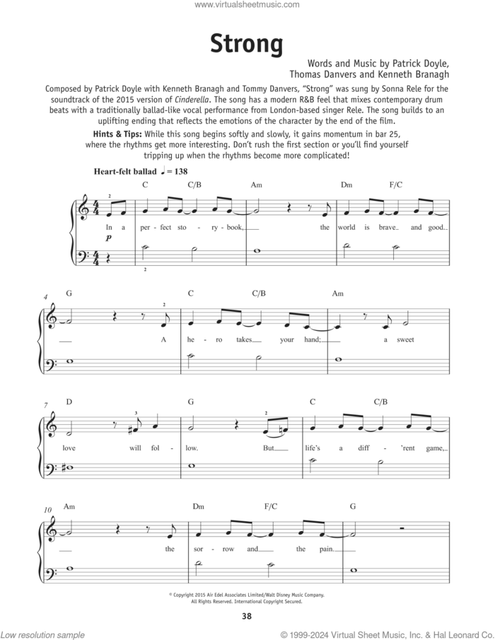 Strong (from the Motion Picture Cinderella), (beginner) (from the Motion Picture Cinderella) sheet music for piano solo by Sonna, Kenneth Branagh, Patrick Doyle and Tommy Danvers, beginner skill level