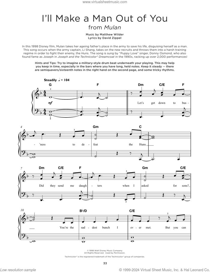 I'll Make A Man Out Of You (from Mulan) sheet music for piano solo by David Zippel and Matthew Wilder, beginner skill level