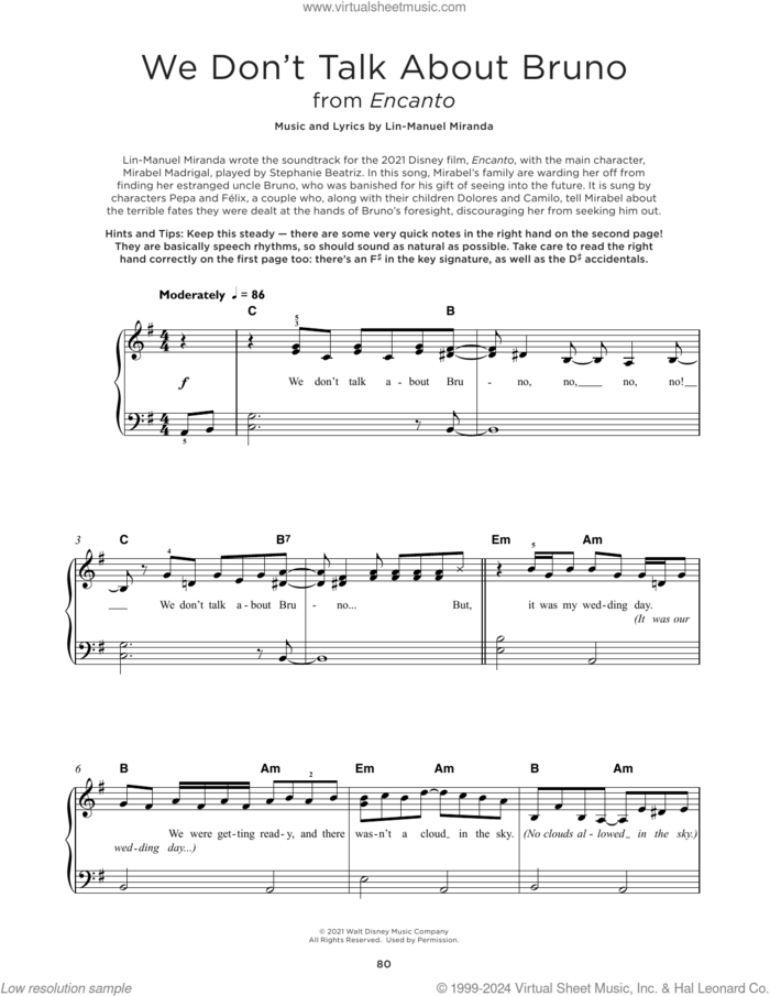 We Don't Talk About Bruno (from Encanto) sheet music for piano solo by Lin-Manuel Miranda, beginner skill level