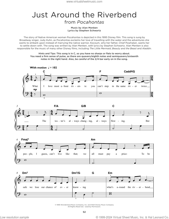 Just Around The Riverbend (from Pocahontas), (beginner) (from Pocahontas) sheet music for piano solo by Alan Menken and Stephen Schwartz, beginner skill level