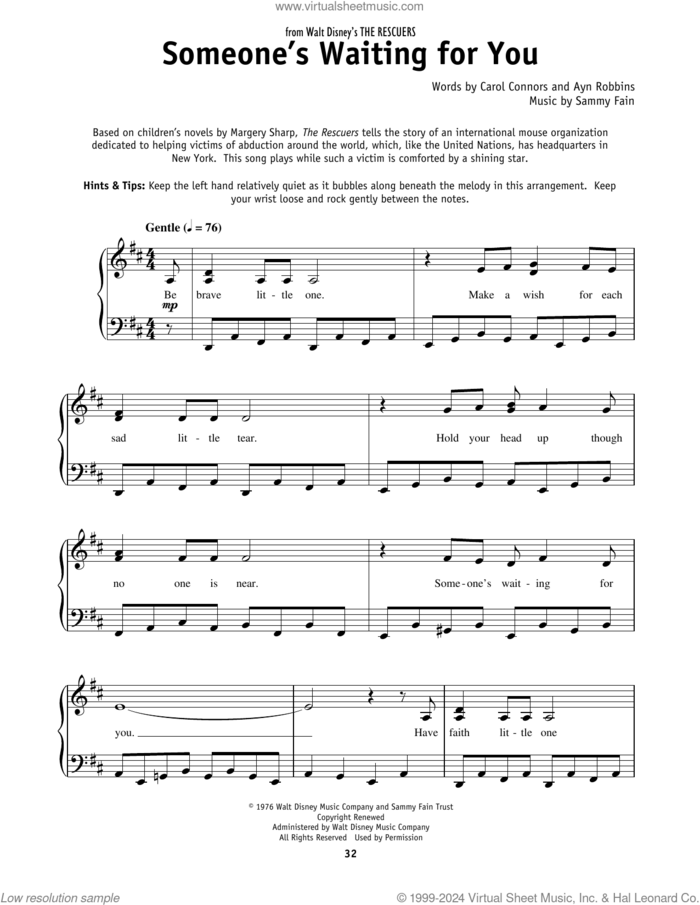 Someone's Waiting For You (from Disney's The Rescuers) sheet music for piano solo by Sammy Fain, Ayn Robbins and Carol Connors, beginner skill level