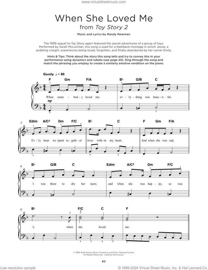 When She Loved Me (from Toy Story 2) sheet music for piano solo by Sarah McLachlan and Randy Newman, beginner skill level