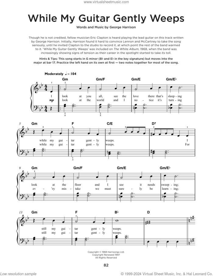 While My Guitar Gently Weeps sheet music for piano solo by The Beatles and George Harrison, beginner skill level