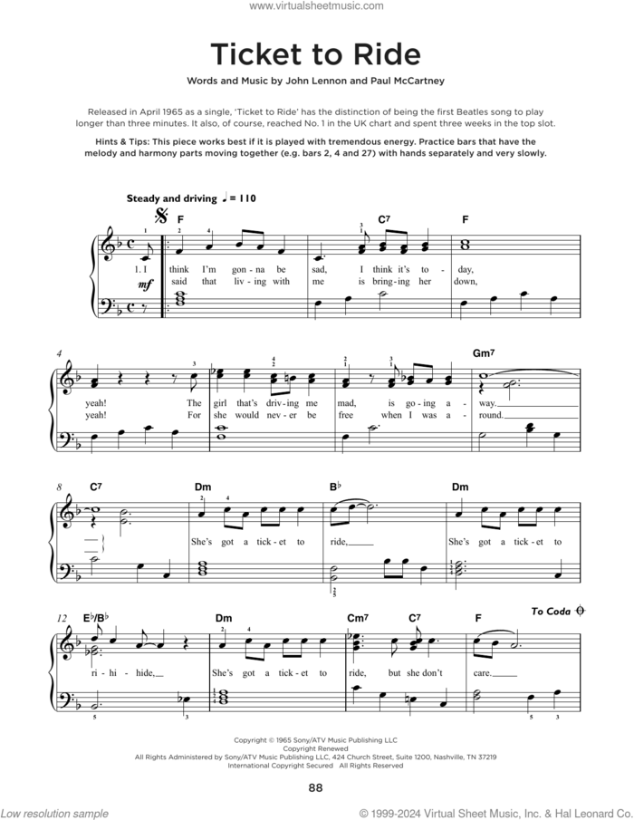Ticket To Ride sheet music for piano solo by The Beatles, John Lennon and Paul McCartney, beginner skill level