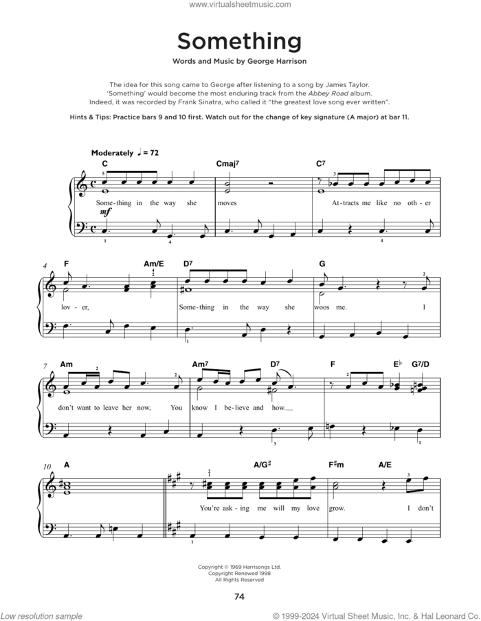 Something sheet music for piano solo by The Beatles and George Harrison, beginner skill level