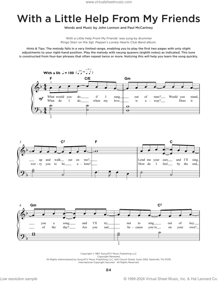 With A Little Help From My Friends sheet music for piano solo by The Beatles, Joe Cocker, John Lennon and Paul McCartney, beginner skill level