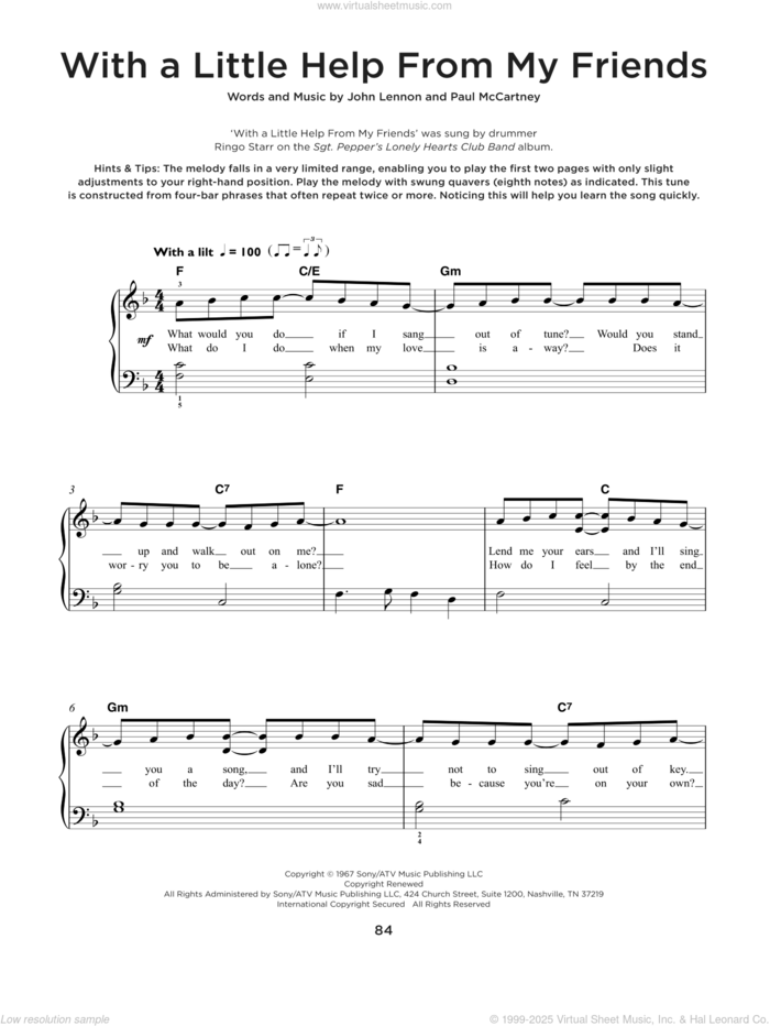 With A Little Help From My Friends sheet music for piano solo by The Beatles, Joe Cocker, John Lennon and Paul McCartney, beginner skill level