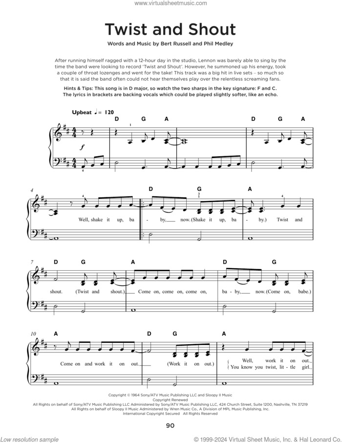 Twist And Shout sheet music for piano solo by The Beatles, Bert Russell and Phil Medley, beginner skill level
