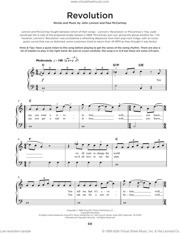 Revolution sheet music for piano solo by The Beatles, John Lennon and Paul McCartney, beginner skill level