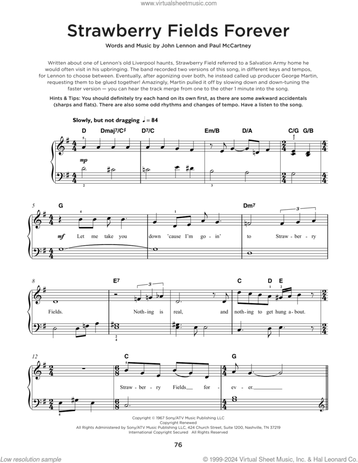 Strawberry Fields Forever sheet music for piano solo by The Beatles, John Lennon and Paul McCartney, beginner skill level