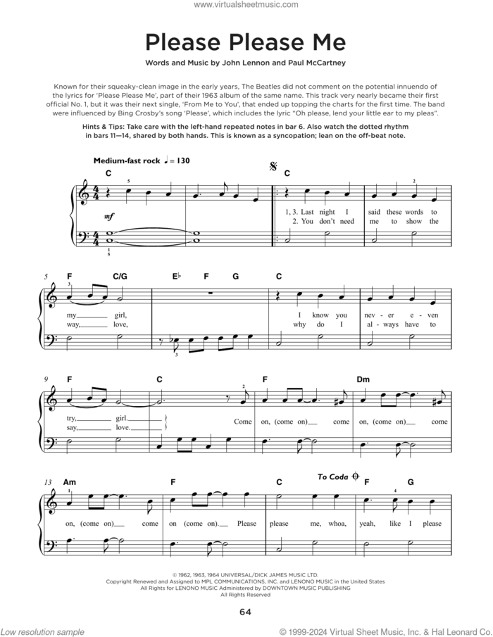 Please Please Me, (beginner) sheet music for piano solo by The Beatles, John Lennon and Paul McCartney, beginner skill level