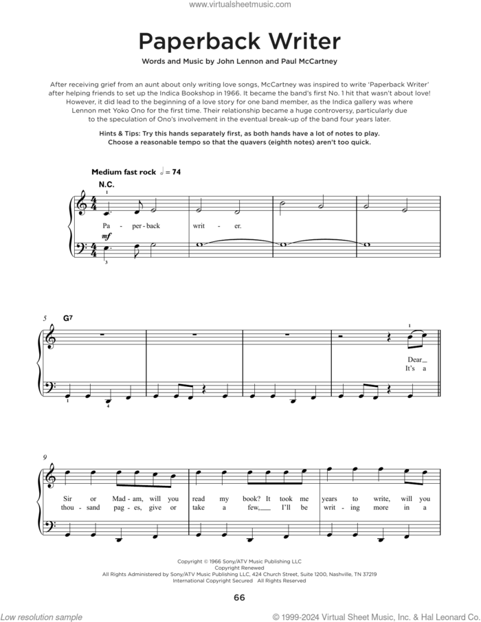 Paperback Writer sheet music for piano solo by The Beatles, John Lennon and Paul McCartney, beginner skill level