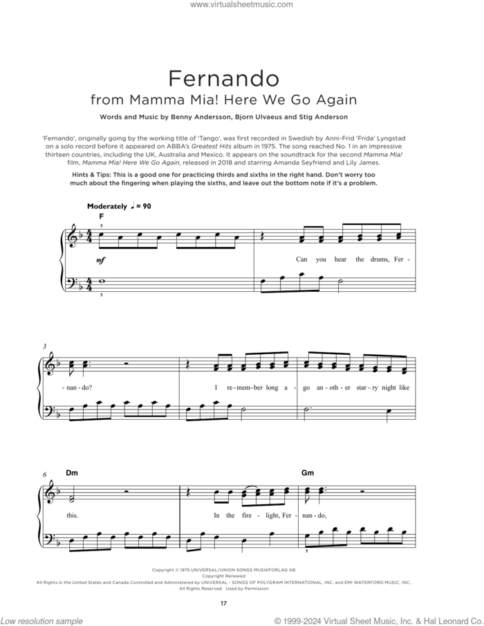 Fernando sheet music for piano solo by ABBA, Benny Andersson, Bjorn Ulvaeus and Stig Anderson, beginner skill level