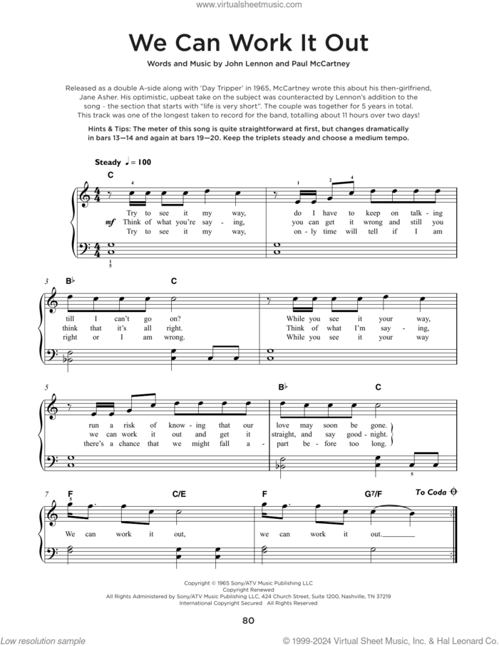 We Can Work It Out, (beginner) sheet music for piano solo by The Beatles, John Lennon and Paul McCartney, beginner skill level