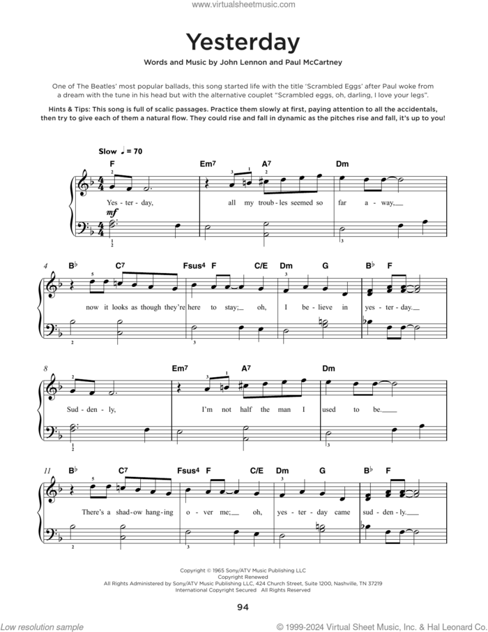 Yesterday sheet music for piano solo by The Beatles, John Lennon and Paul McCartney, beginner skill level
