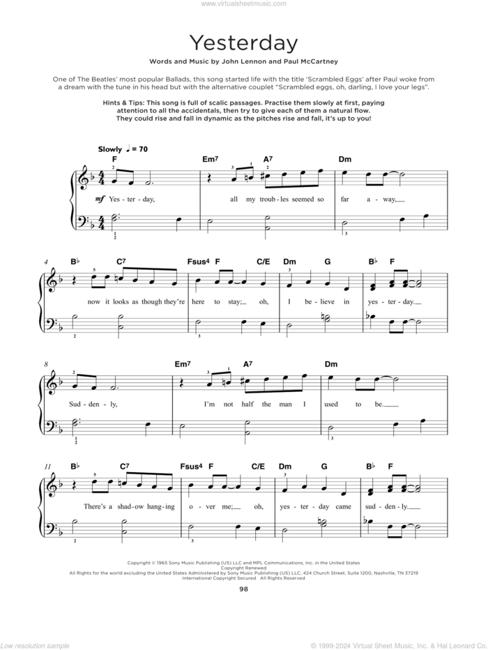 Yesterday sheet music for piano solo by The Beatles, John Lennon and Paul McCartney, beginner skill level