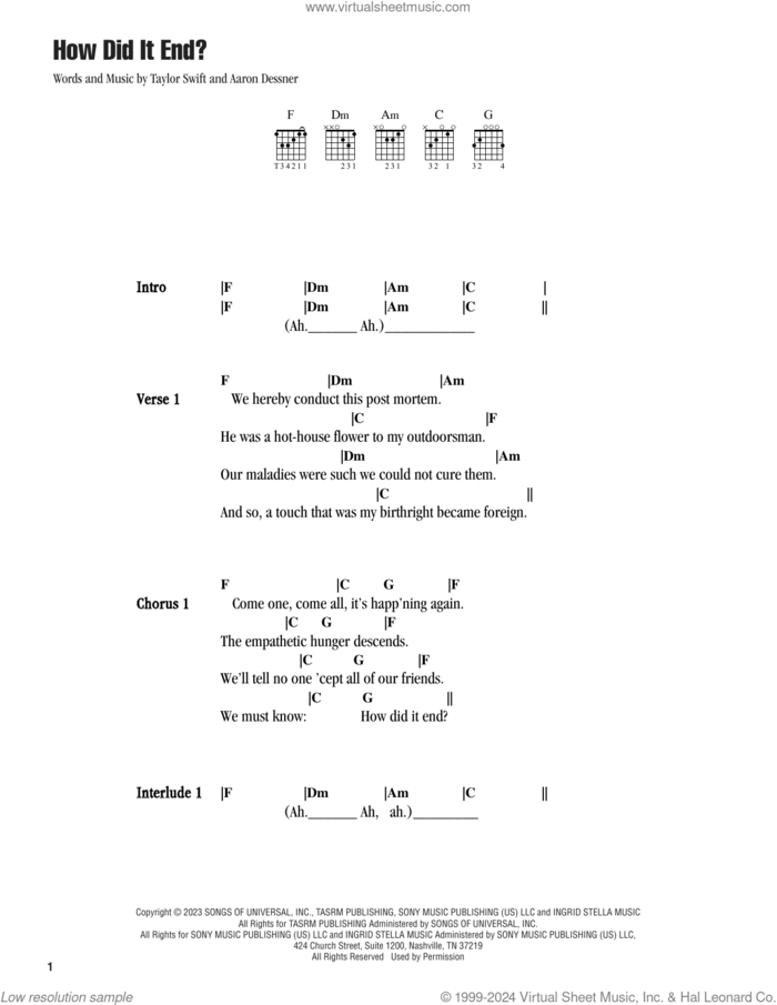 How Did It End? sheet music for guitar (chords) by Taylor Swift and Aaron Dessner, intermediate skill level