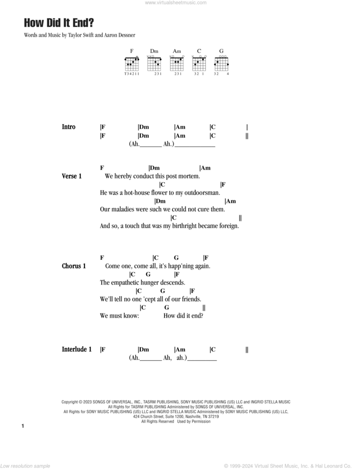 How Did It End? sheet music for guitar (chords) by Taylor Swift and Aaron Dessner, intermediate skill level