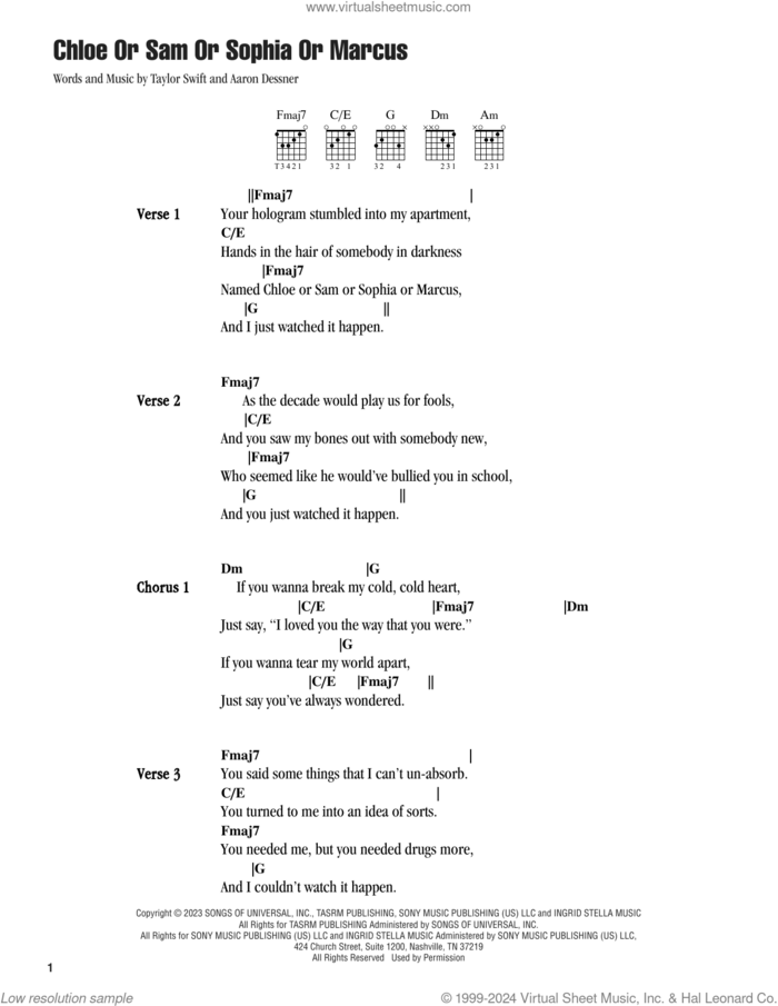 Chloe Or Sam Or Sophia Or Marcus sheet music for guitar (chords) by Taylor Swift and Aaron Dessner, intermediate skill level