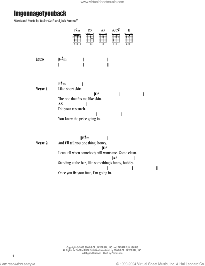 imgonnagetyouback sheet music for guitar (chords) by Taylor Swift and Jack Antonoff, intermediate skill level