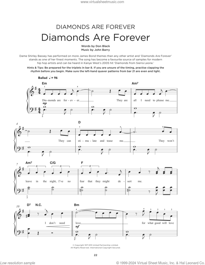 Diamonds Are Forever, (beginner) sheet music for piano solo by Shirley Bassey, Don Black and John Barry, beginner skill level