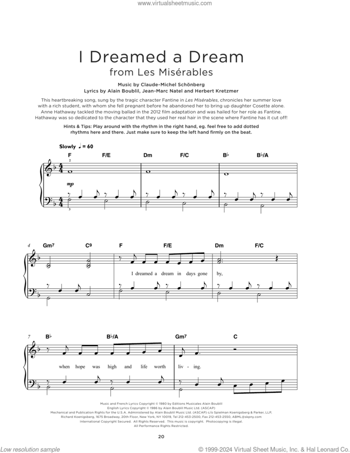 I Dreamed A Dream (from Les Miserables) sheet music for piano solo by Boublil and Schonberg, Alain Boublil, Claude-Michel Schonberg, Herbert Kretzmer and Jean-Marc Natel, beginner skill level