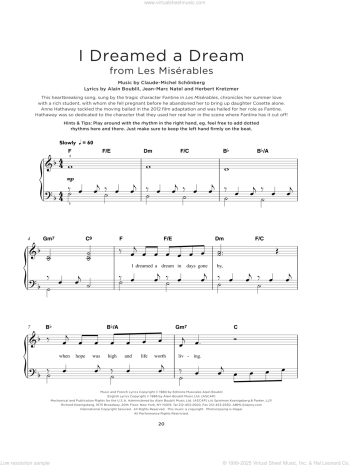 I Dreamed A Dream (from Les Miserables) sheet music for piano solo by Boublil and Schonberg, Alain Boublil, Claude-Michel Schonberg, Herbert Kretzmer and Jean-Marc Natel, beginner skill level