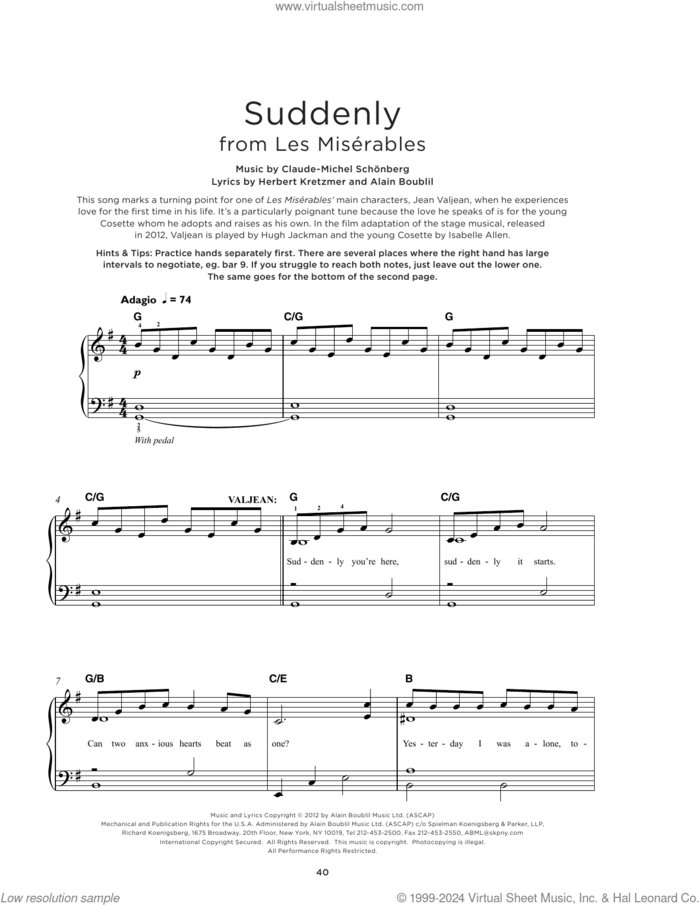 Suddenly (from Les Miserables) sheet music for piano solo by Boublil and Schonberg, Alain Boublil, Claude-Michel Schonberg and Herbert Kretzmer, beginner skill level