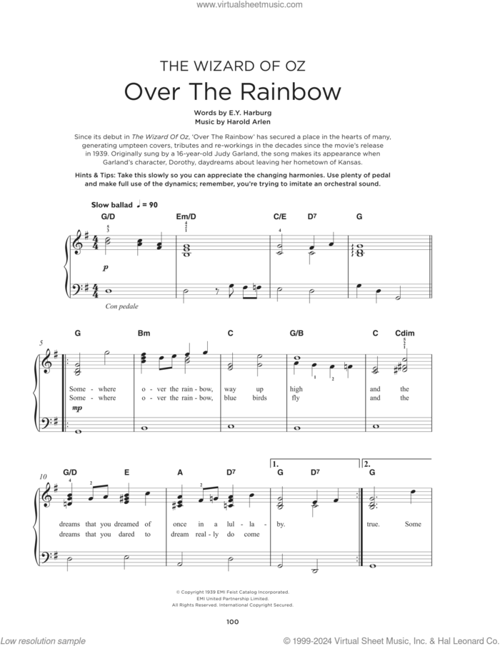 Over The Rainbow (from The Wizard Of Oz) sheet music for piano solo by Judy Garland, E.Y. Harburg and Harold Arlen, beginner skill level