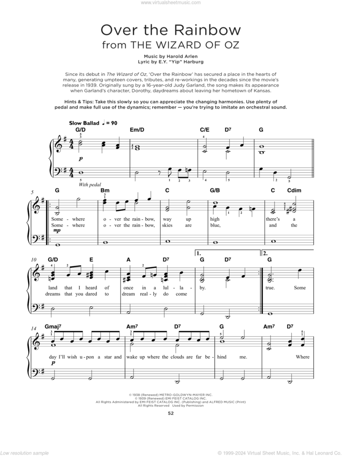 Over The Rainbow (from The Wizard Of Oz) sheet music for piano solo by Judy Garland, E.Y. Harburg and Harold Arlen, beginner skill level