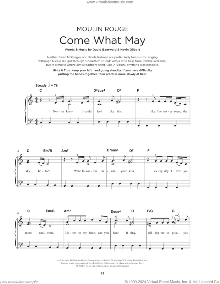 Come What May (from Moulin Rouge) sheet music for piano solo by Nicole Kidman and Ewan McGregor, David Baerwald and Kevin Gilbert, beginner skill level
