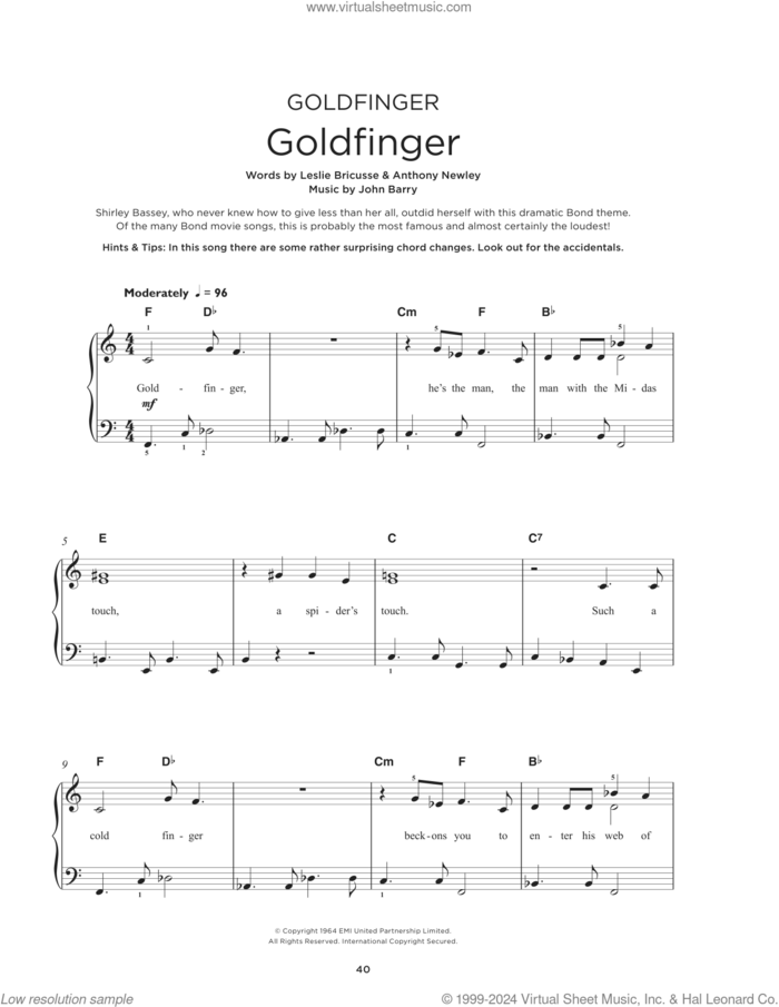 Goldfinger sheet music for piano solo by Shirley Bassey, Anthony Newley, John Barry and Leslie Bricusse, beginner skill level