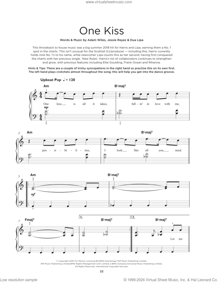 One Kiss, (beginner) sheet music for piano solo by Calvin Harris & Dua Lipa, Calvin Harris, Dua Lipa and Jessica Reyes, beginner skill level
