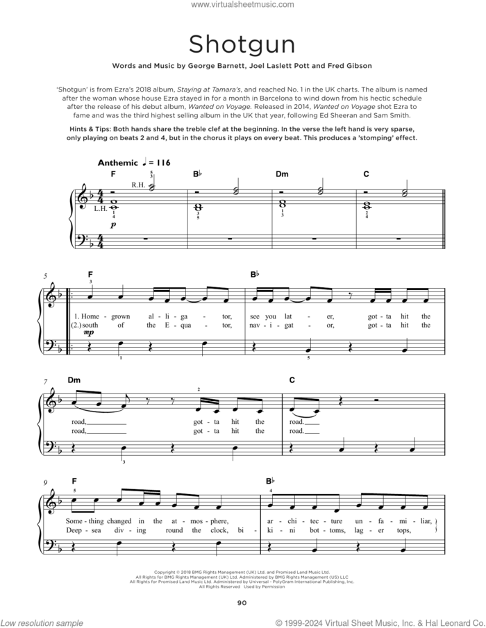 Shotgun, (beginner) sheet music for piano solo by George Ezra, Fred Gibson, George Barnett and Joel Laslett Pott, beginner skill level
