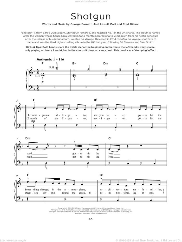 Shotgun, (beginner) sheet music for piano solo by George Ezra, Fred Gibson, George Barnett and Joel Laslett Pott, beginner skill level