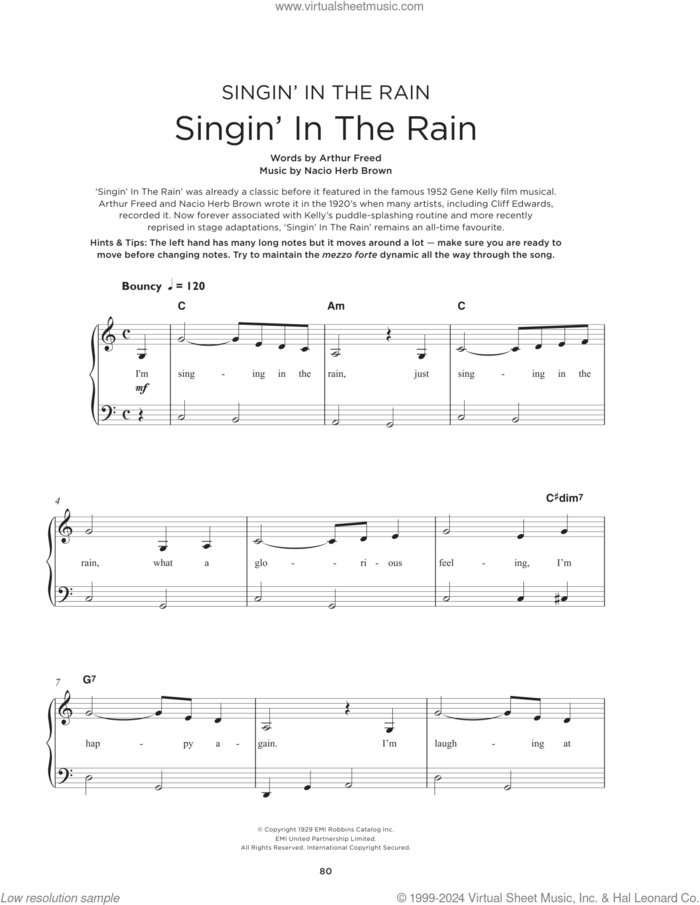 Singin' In The Rain sheet music for piano solo by Gene Kelly, Arthur Freed and Nacio Herb Brown, beginner skill level