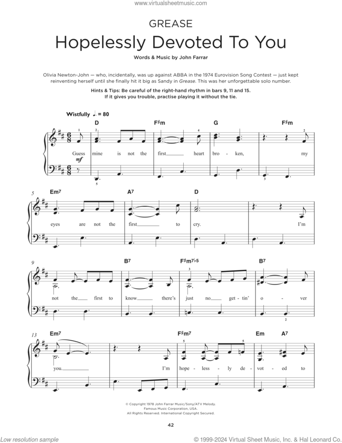 Hopelessly Devoted To You (from Grease), (beginner) (from Grease) sheet music for piano solo by Olivia Newton-John and John Farrar, beginner skill level