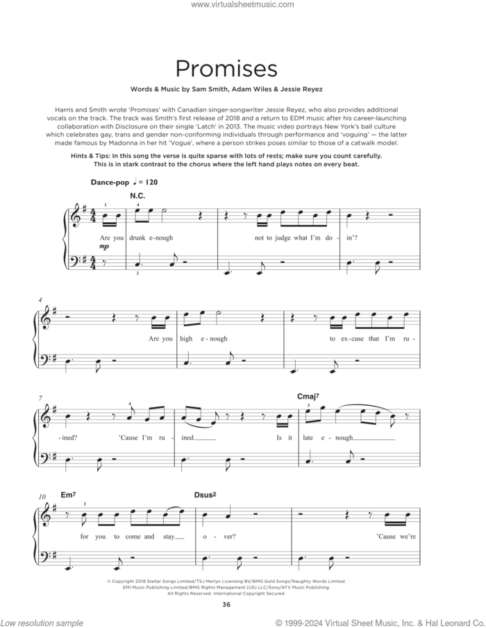Promises (feat. Sam Smith), (beginner) sheet music for piano solo by Calvin Harris, Jessica Reyes and Sam Smith, beginner skill level