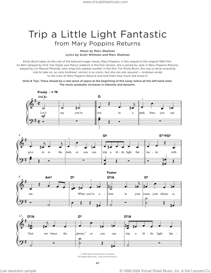Trip A Little Light Fantastic (from Mary Poppins Returns), (beginner) sheet music for piano solo by Lin-Manuel Miranda, Marc Shaiman and Scott Wittman, beginner skill level