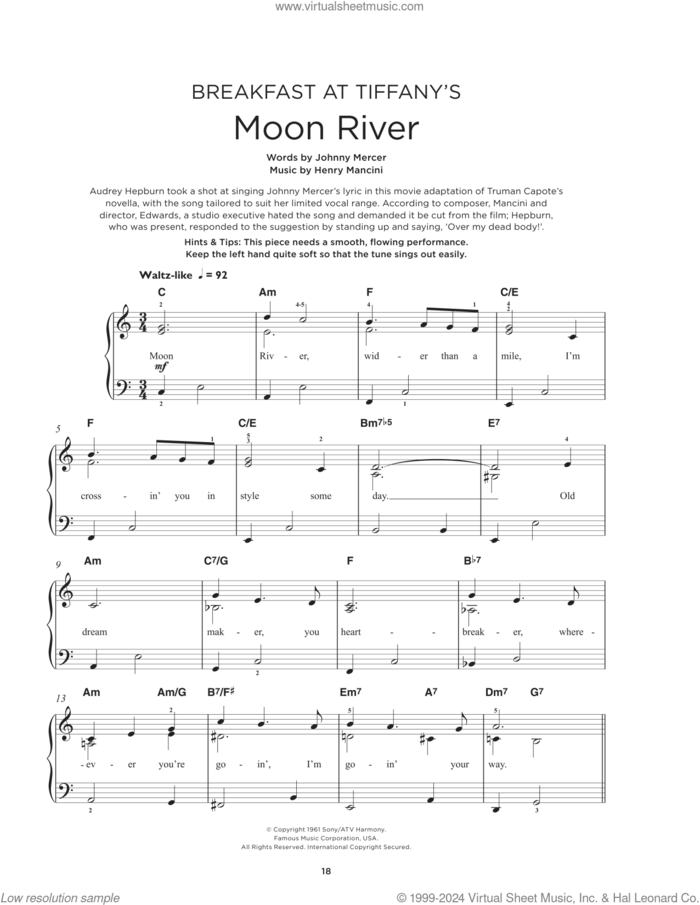 Moon River sheet music for piano solo by Henry Mancini, Andy Williams and Johnny Mercer, beginner skill level