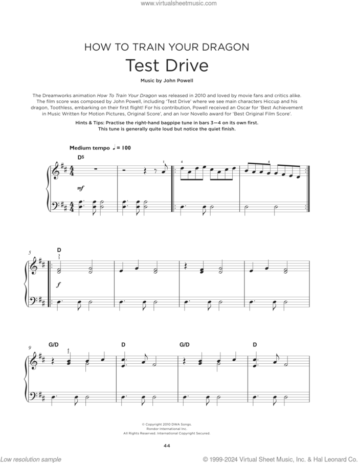 Test Drive (from How To Train Your Dragon) sheet music for piano solo by John Powell, beginner skill level