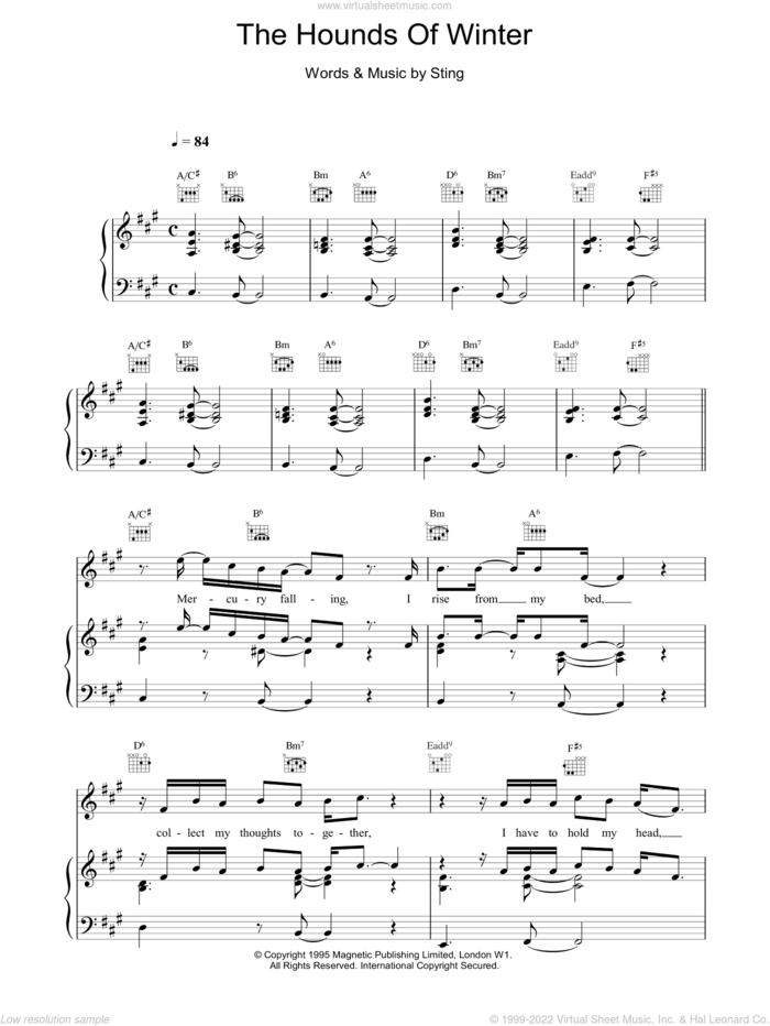The Hounds Of Winter sheet music for voice, piano or guitar by Sting, intermediate skill level