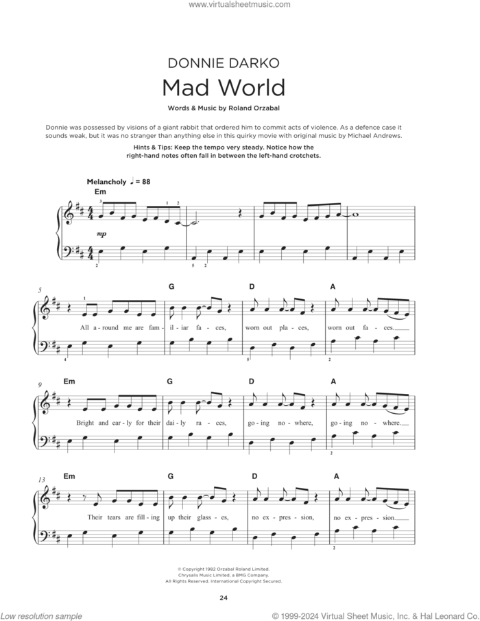 Mad World (feat. Gary Jules) sheet music for piano solo by Michael Andrews, Gary Jules and Roland Orzabal, beginner skill level