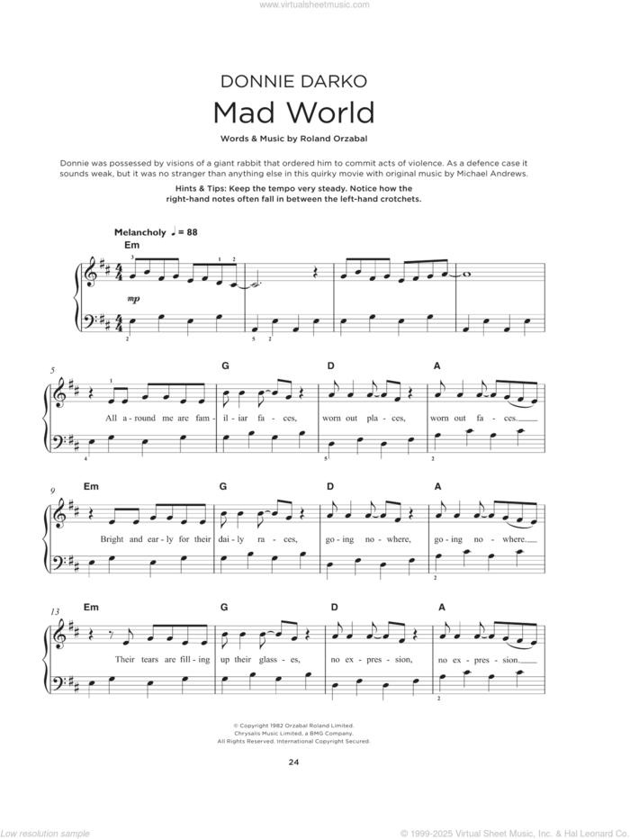 Mad World (feat. Gary Jules) sheet music for piano solo by Michael Andrews, Gary Jules and Roland Orzabal, beginner skill level