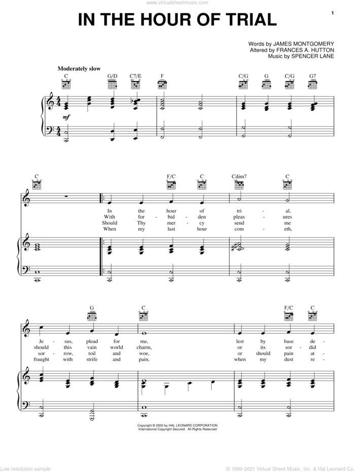 In The Hour Of Trial sheet music for voice, piano or guitar by Frances A. Hutton, James Montgomery and Spencer Lane, intermediate skill level