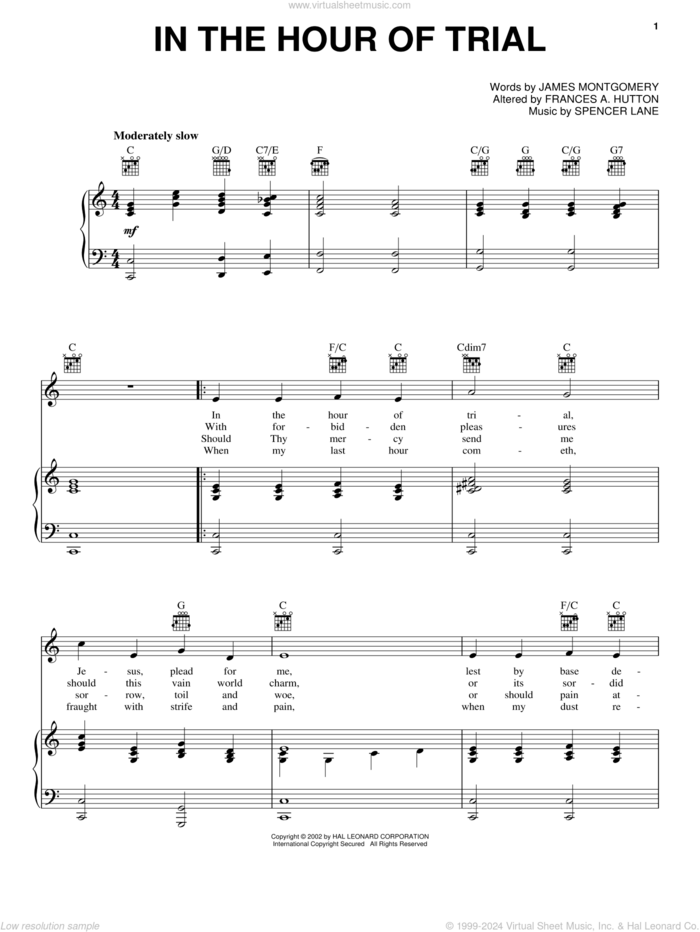 In The Hour Of Trial sheet music for voice, piano or guitar by Frances A. Hutton, James Montgomery and Spencer Lane, intermediate skill level