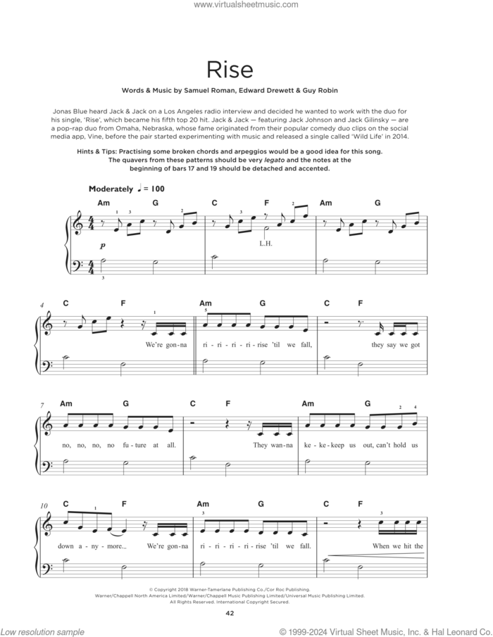 Rise sheet music for piano solo by Jonas Blue feat. Jack & Jack, Edward Drewett, Guy Robin and Samuel Roman, beginner skill level