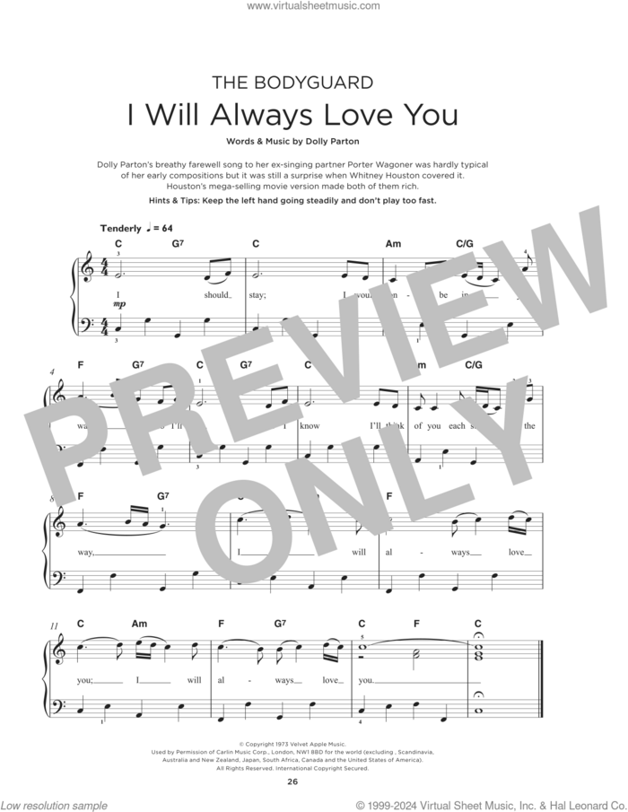 I Will Always Love You sheet music for piano solo by Whitney Houston and Dolly Parton, beginner skill level