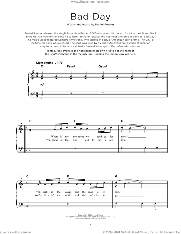 Bad Day sheet music for piano solo by Daniel Powter and Alvin And The Chipmunks, beginner skill level